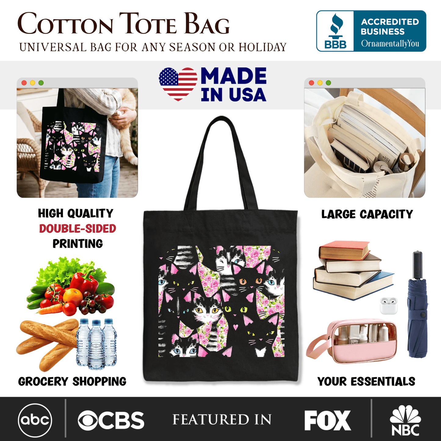 Floral Black And Pink Cats Pattern Cute Tote Bag, Kitten Collage Gift Shopper for Cat Lovers