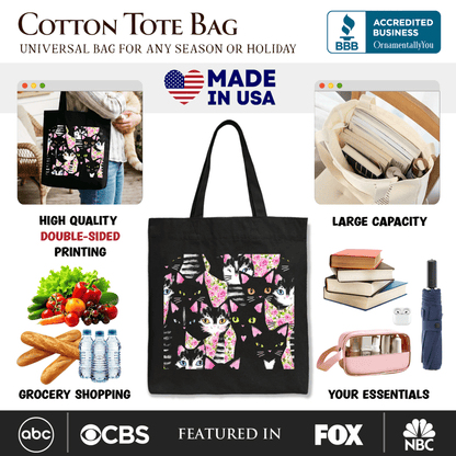 Floral Black And Pink Cats Pattern Cute Tote Bag, Kitten Collage Gift Shopper for Cat Lovers