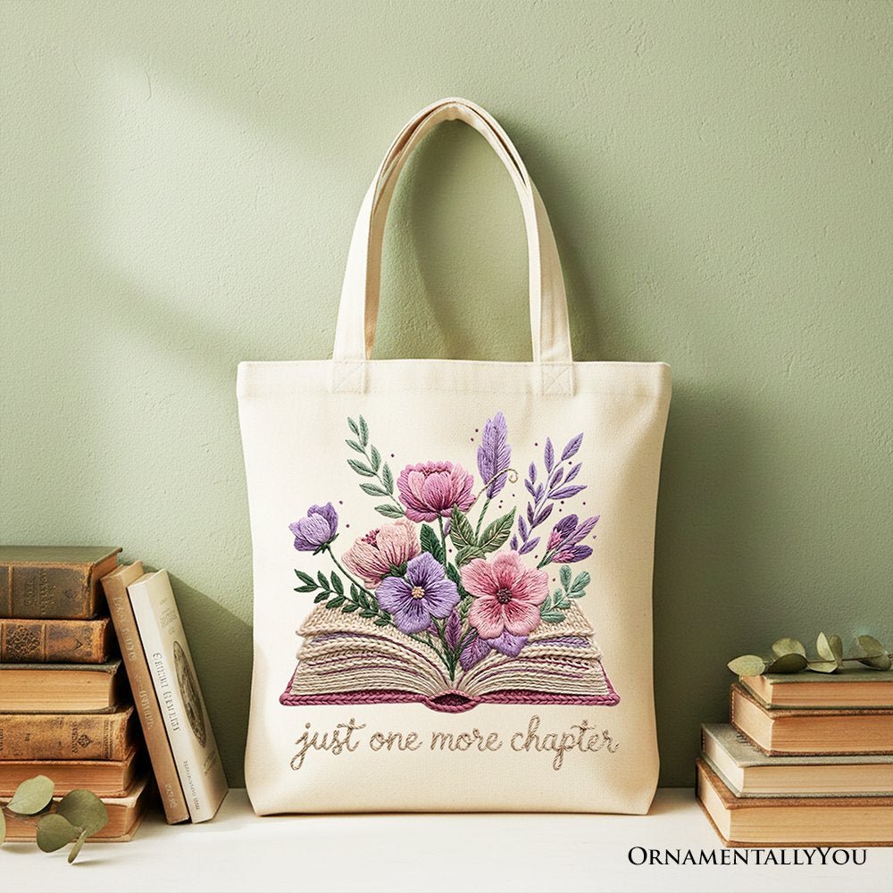 Floral Book Printed Faux Yarn Crochet Tote Bag, Just One More Chapter Bookworm Gift Shopper