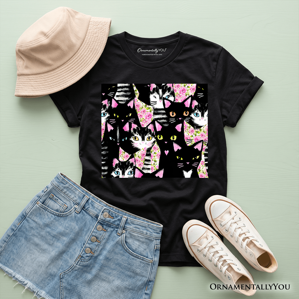 Floral Cat Pattern Kids T-Shirt, Cute Kitten Collage Tee for Youth Girls