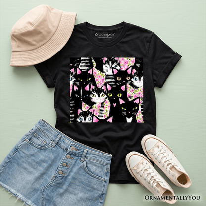 Floral Cat Pattern Kids T-Shirt, Cute Kitten Collage Tee for Youth Girls
