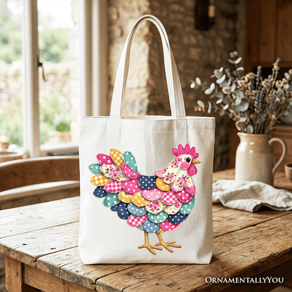 Floral Chicken Printed Faux Patchwork Tote Bag, Coquette Hen Farmhouse Gift Shopper