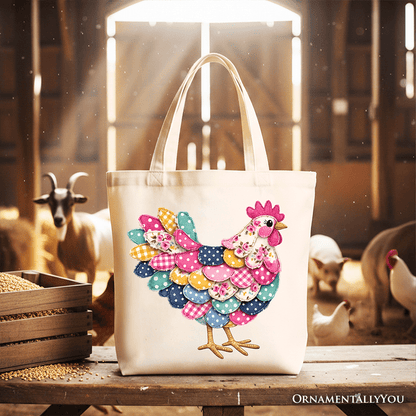 Floral Chicken Printed Faux Patchwork Tote Bag, Coquette Hen Farmhouse Gift Shopper