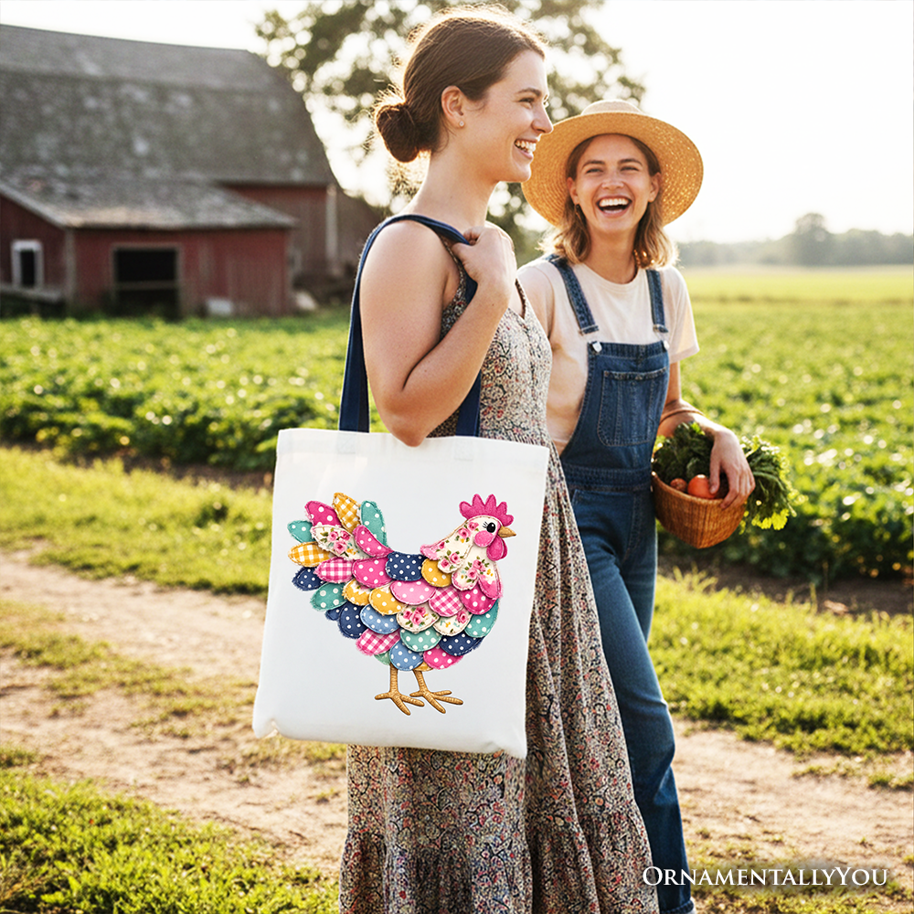 Floral Chicken Printed Faux Patchwork Tote Bag, Coquette Hen Farmhouse Gift Shopper
