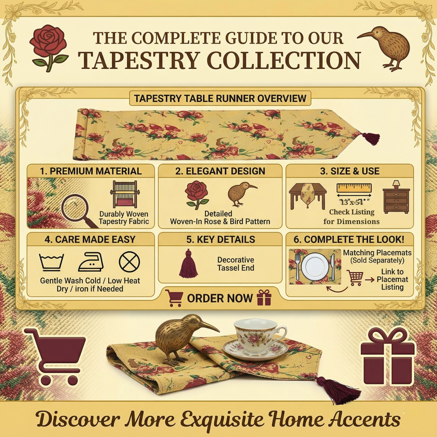 Tache Golden Woven Tapestry Table Runner - Red Roses & Hummingbirds (18115)
