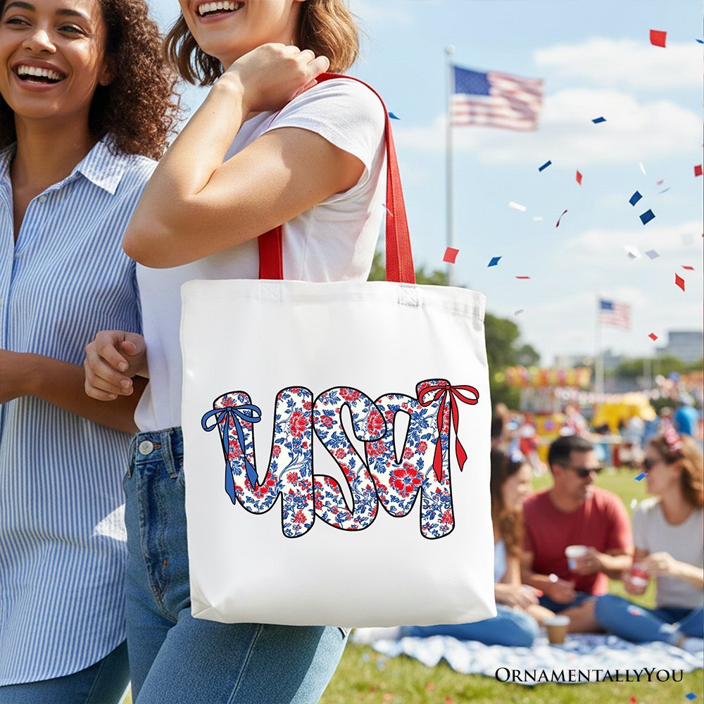 Floral USA Patriotic Canvas Tote Bag, 4th of July Gift Shopper for Stylish Women