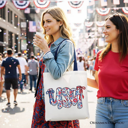 Floral USA Patriotic Canvas Tote Bag, 4th of July Gift Shopper for Stylish Women