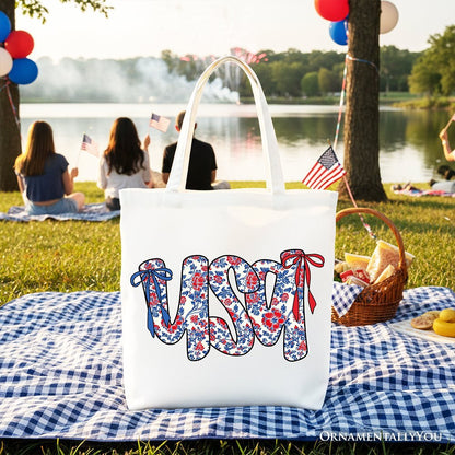 Floral USA Patriotic Canvas Tote Bag, 4th of July Gift Shopper for Stylish Women