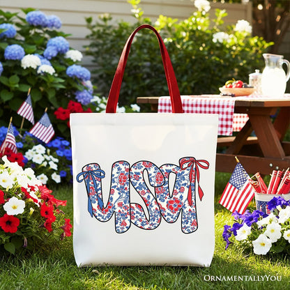 Floral USA Patriotic Canvas Tote Bag, 4th of July Gift Shopper for Stylish Women