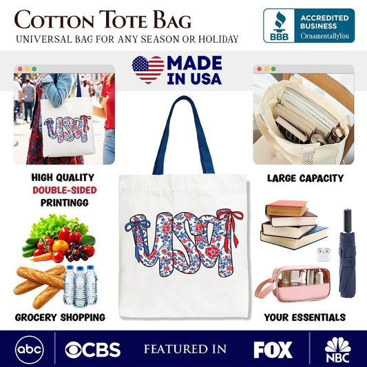 Floral USA Patriotic Canvas Tote Bag, 4th of July Gift Shopper for Stylish Women