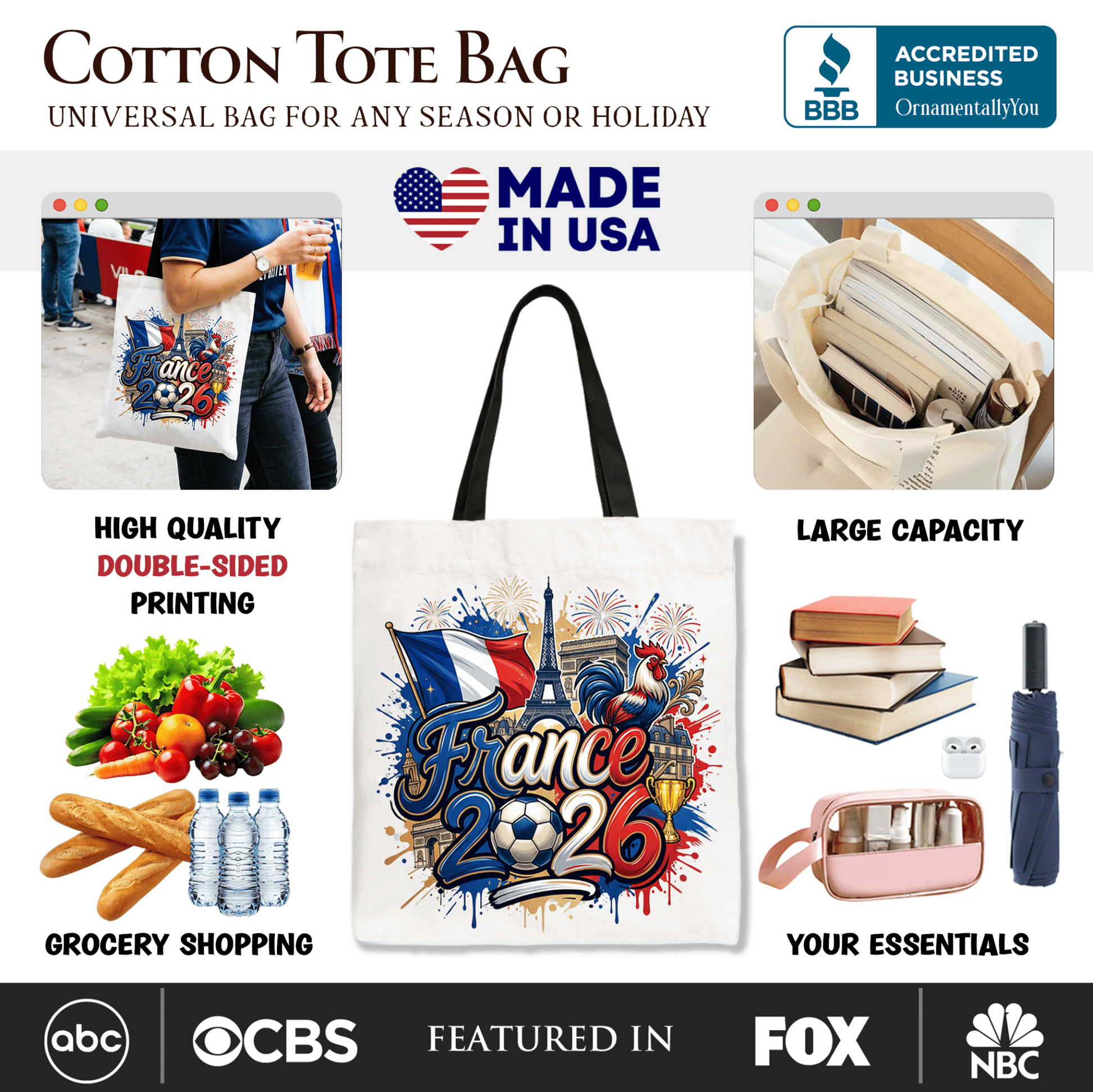 France 2026 Soccer Cup Global Championship Tote Bag, Fans Football Gift Shopper
