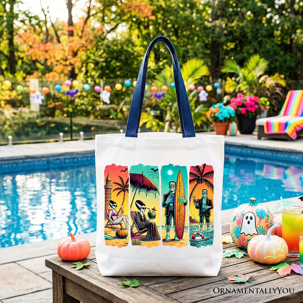 Frankenstein's Beach Vacation Tote Bag, Retro Neon Surf Style Gift Shopper for Horror Fans with Summer Vibes - Shaketea