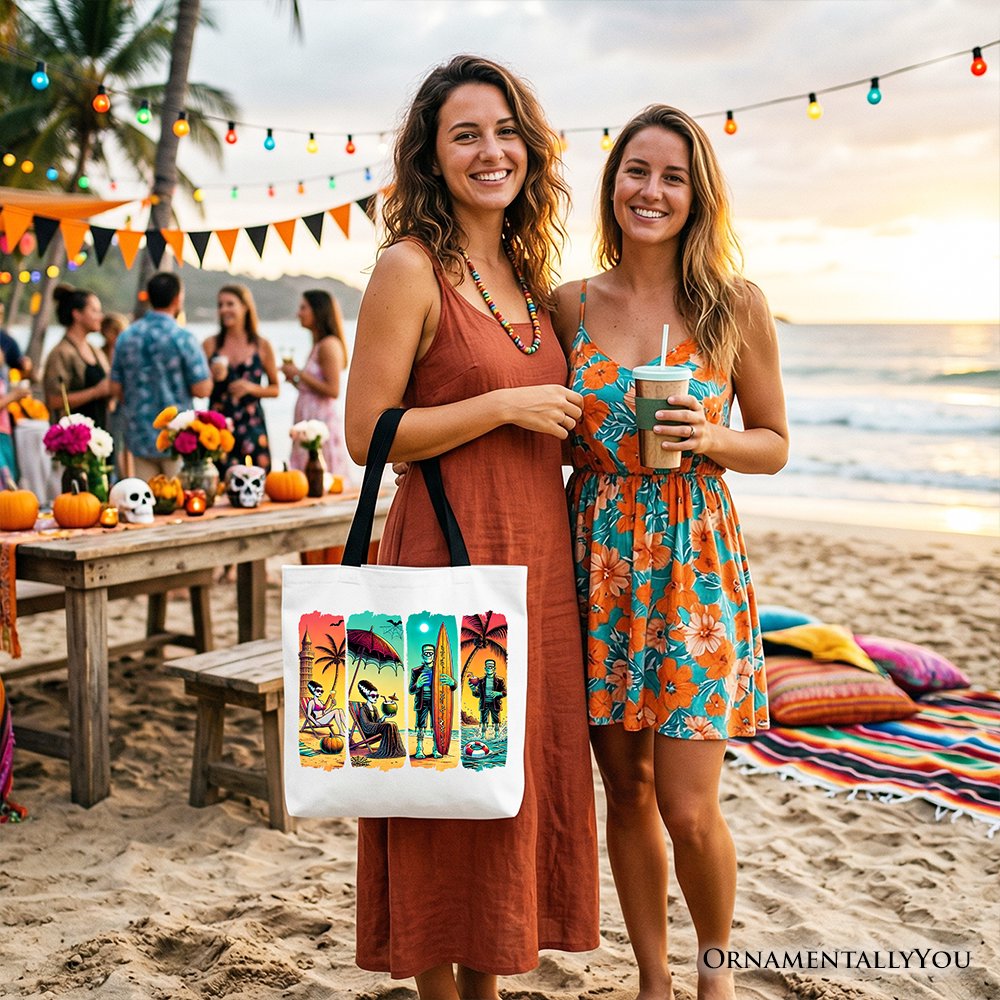 Frankenstein's Beach Vacation Tote Bag, Retro Neon Surf Style Gift Shopper for Horror Fans with Summer Vibes - Shaketea