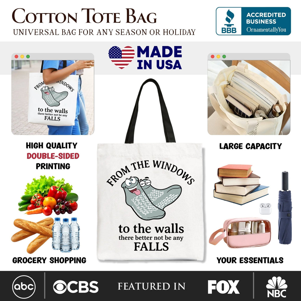From The Windows To The Walls No Falls Socks Tote Bag, Funny Quote Gift Shopper