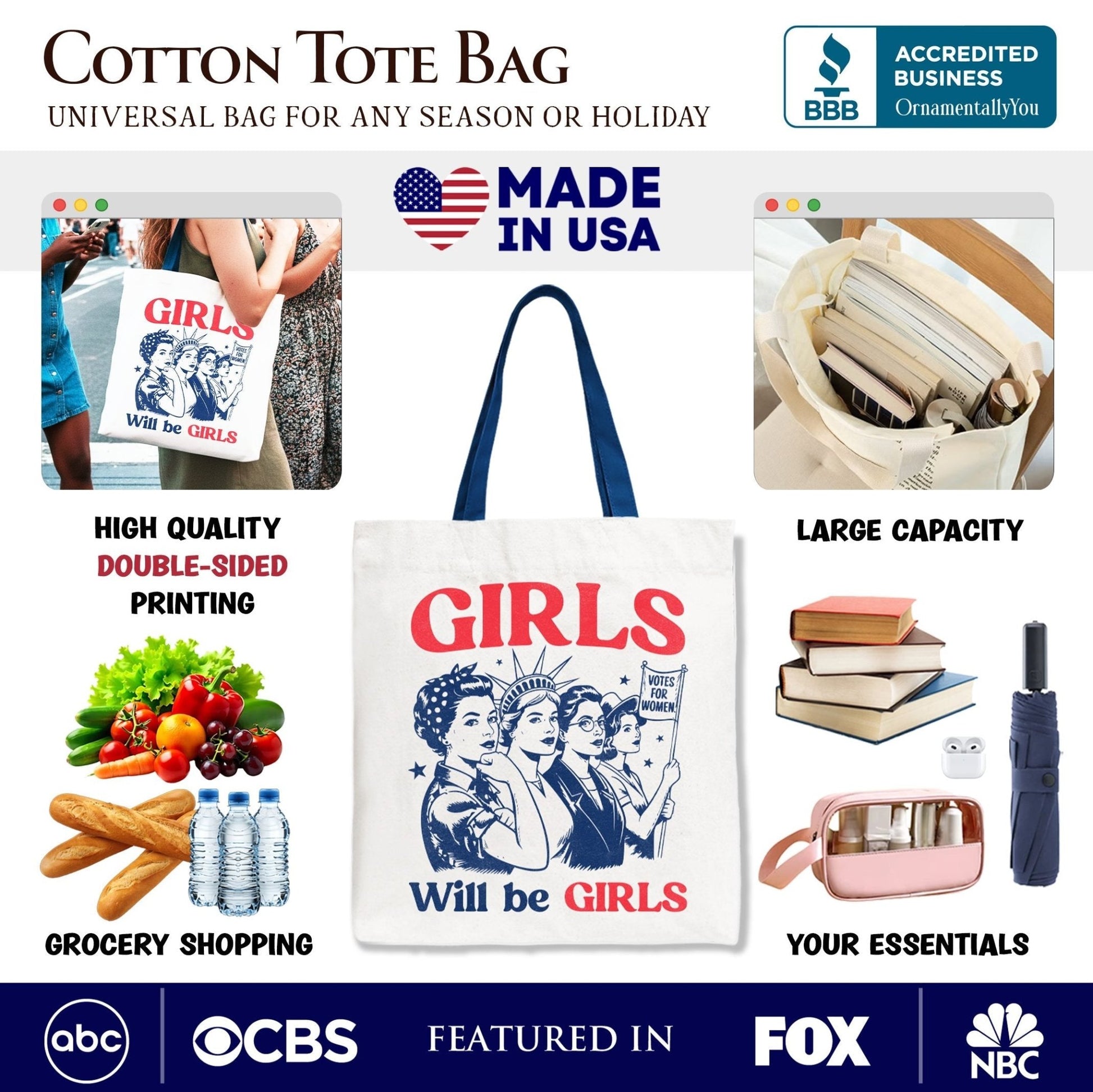 Girls Will Be Girls Patriotic Tote Bag, 4th of July Vintage Feminist Gift Shopper