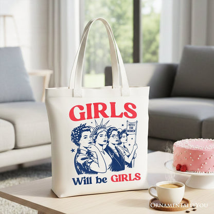 Girls Will Be Girls Patriotic Tote Bag, 4th of July Vintage Feminist Gift Shopper