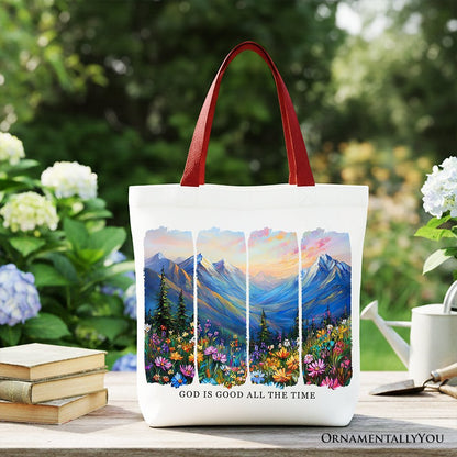 God Is Good All the Time Mountain Christian Canvas Tote Bag, Wildflower Brushstroke Bible Verse Faith Gift Shopper