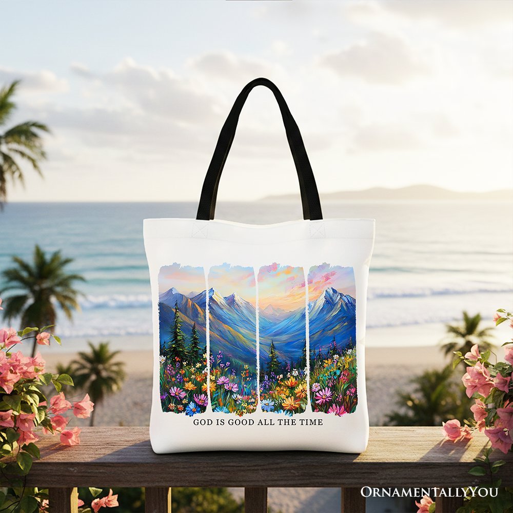 God Is Good All the Time Mountain Christian Canvas Tote Bag, Wildflower Brushstroke Bible Verse Faith Gift Shopper