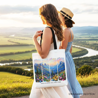 God Is Good All the Time Mountain Christian Canvas Tote Bag, Wildflower Brushstroke Bible Verse Faith Gift Shopper