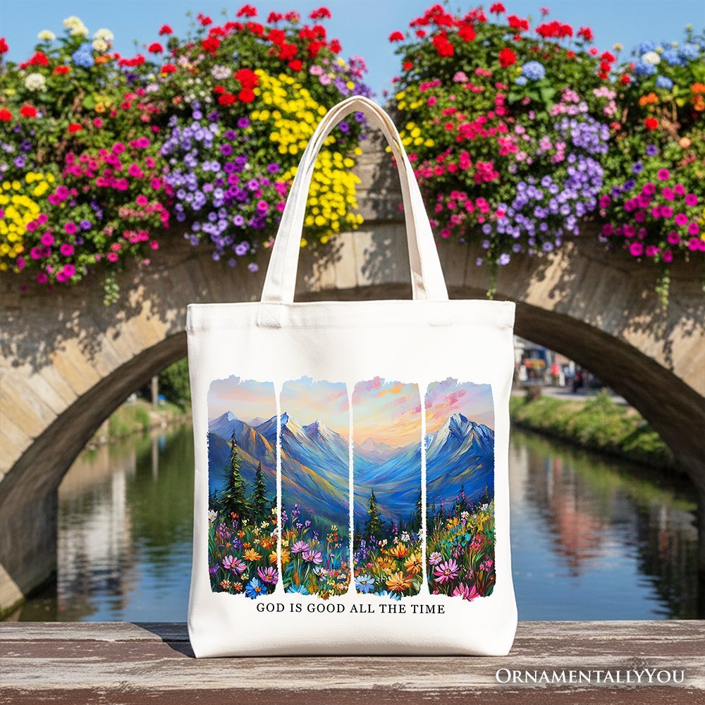 God Is Good All the Time Mountain Christian Canvas Tote Bag, Wildflower Brushstroke Bible Verse Faith Gift Shopper