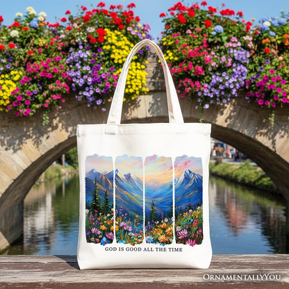 God Is Good All the Time Mountain Christian Canvas Tote Bag, Wildflower Brushstroke Bible Verse Faith Gift Shopper