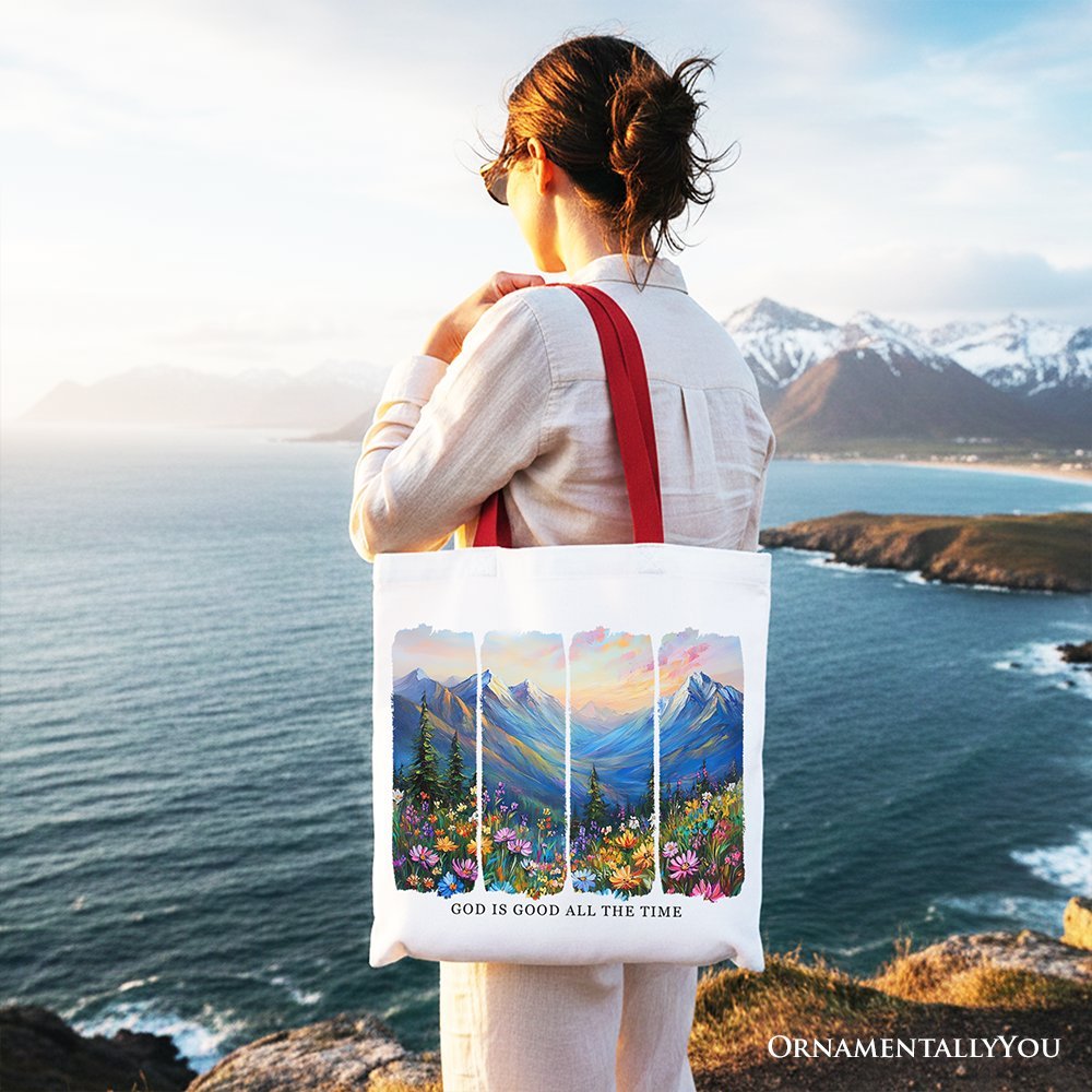 God Is Good All the Time Mountain Christian Canvas Tote Bag, Wildflower Brushstroke Bible Verse Faith Gift Shopper