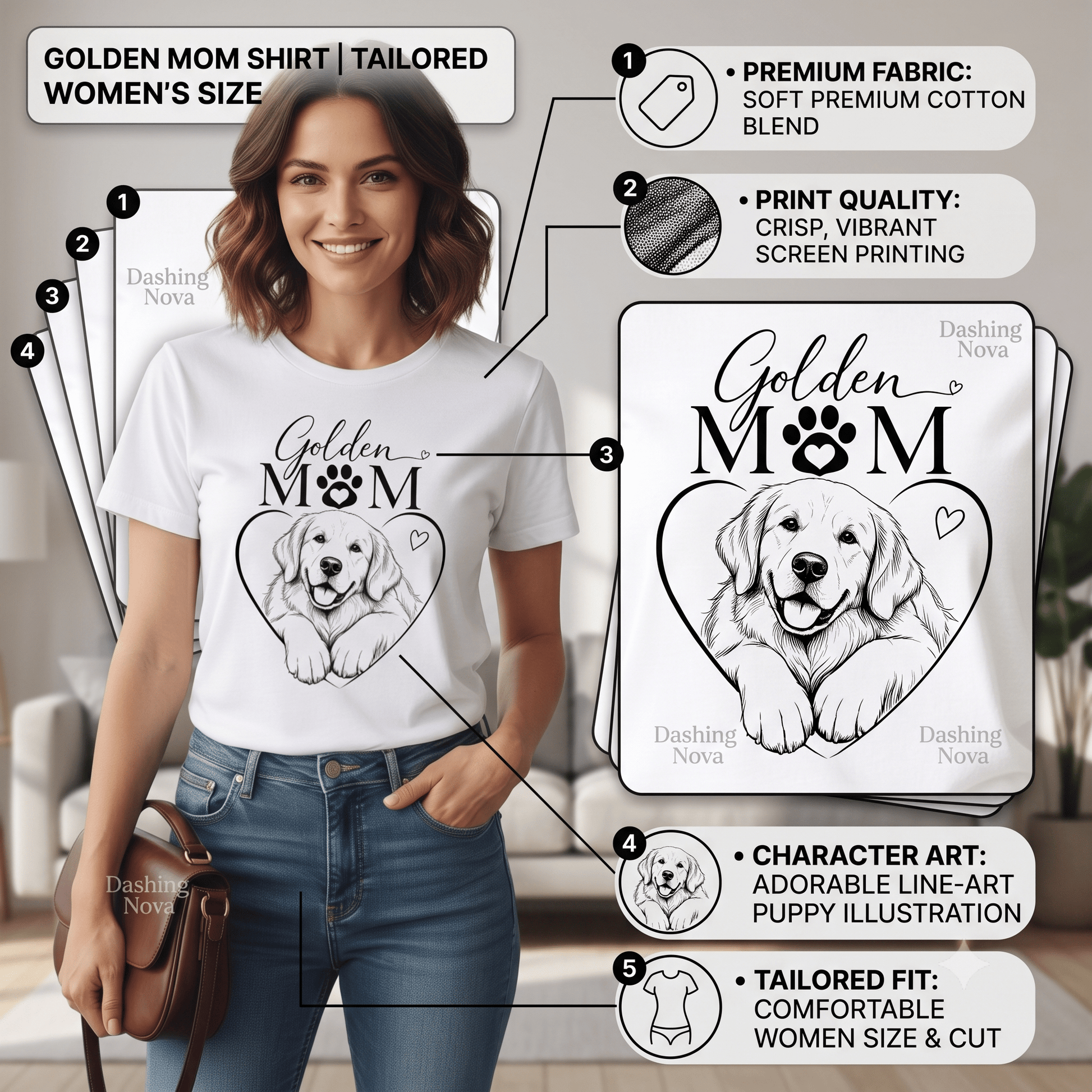 Golden Retriever Mom Graphic T-Shirt Cotton Women's Casual Dog Lover Top