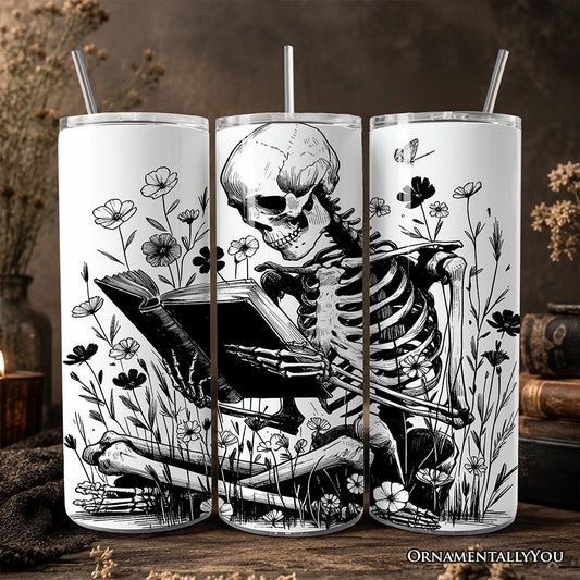 Gothic Reading Skeleton 20oz Personalized Tumbler With Lid and Stainless Steel Straw, Floral Spooky Bookworms Gift Cup