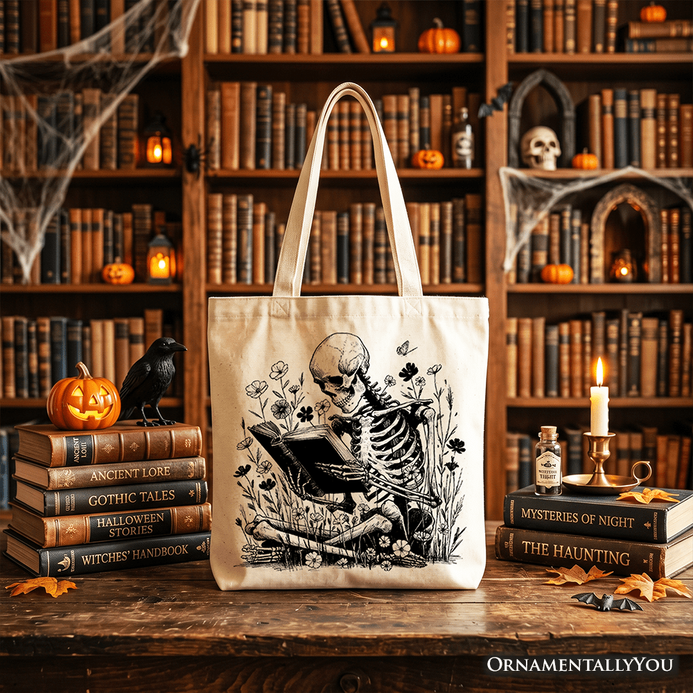 Gothic Reading Skeleton Tote Bag, Floral Halloween Gift Shopper for Spooky Bookworms
