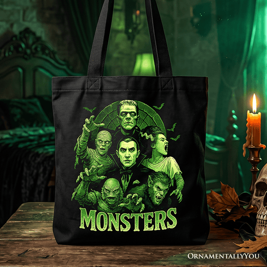 Green Retro Monsters Tote Bag, Vintage Classic Horror Halloween Gift Shopper