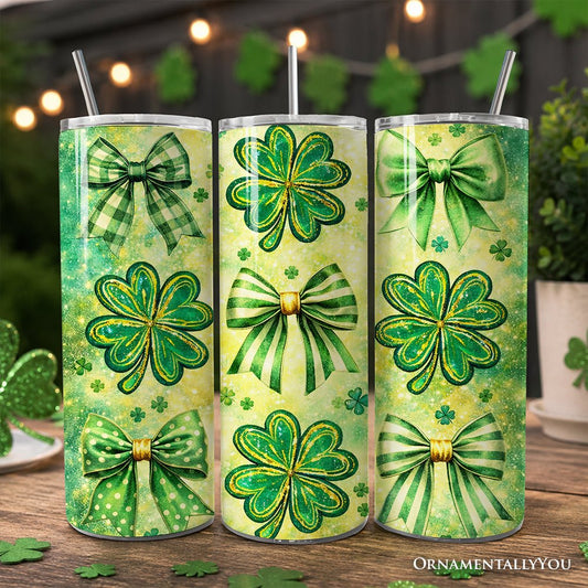 Green Shamrock Bow Pattern 20oz Personalized Tumbler With Lid and Stainless Steel Straw, Coquette St Patrick Gift Cup
