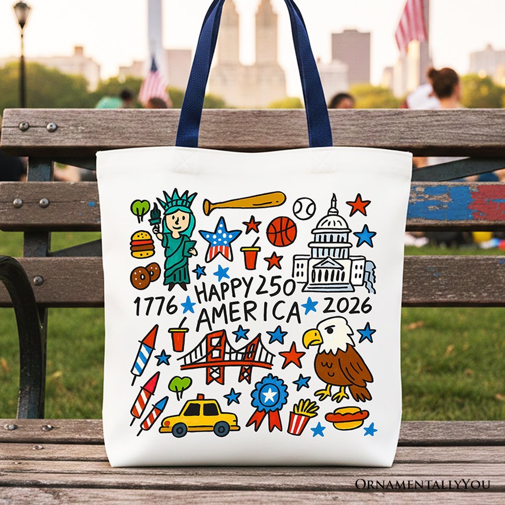 Happy 250 America Doodle Tote Bag, Patriotic USA 1776-2026 250th Anniversary Gift Shopper