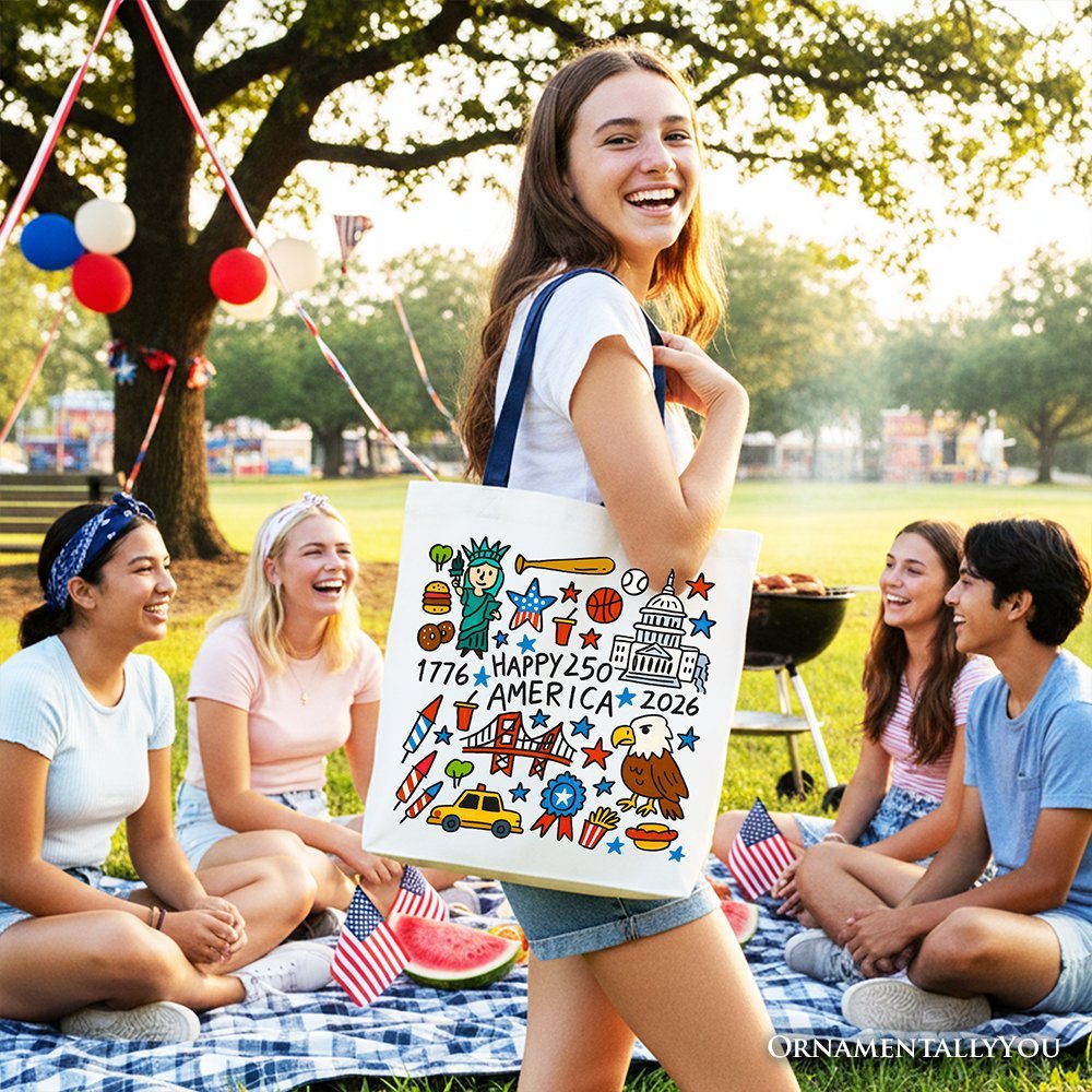 Happy 250 America Doodle Tote Bag, Patriotic USA 1776-2026 250th Anniversary Gift Shopper