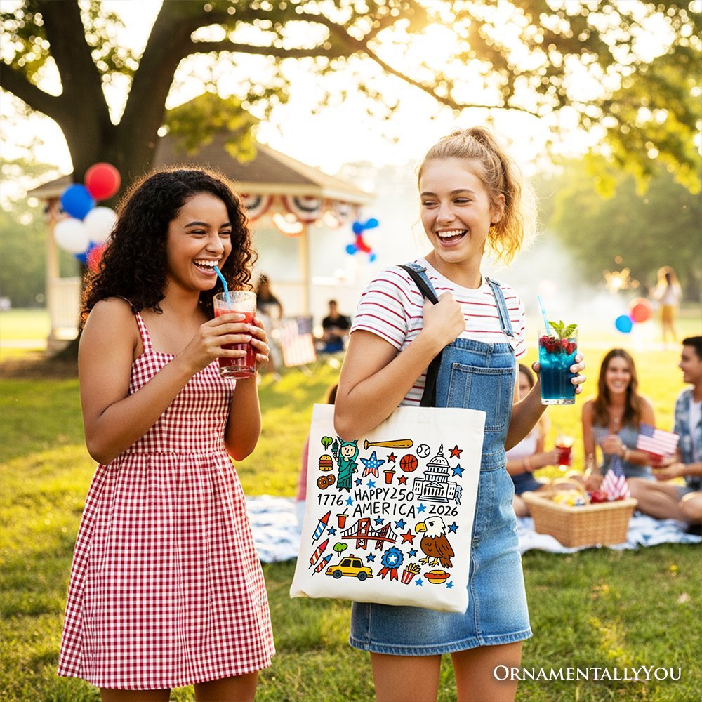 Happy 250 America Doodle Tote Bag, Patriotic USA 1776-2026 250th Anniversary Gift Shopper