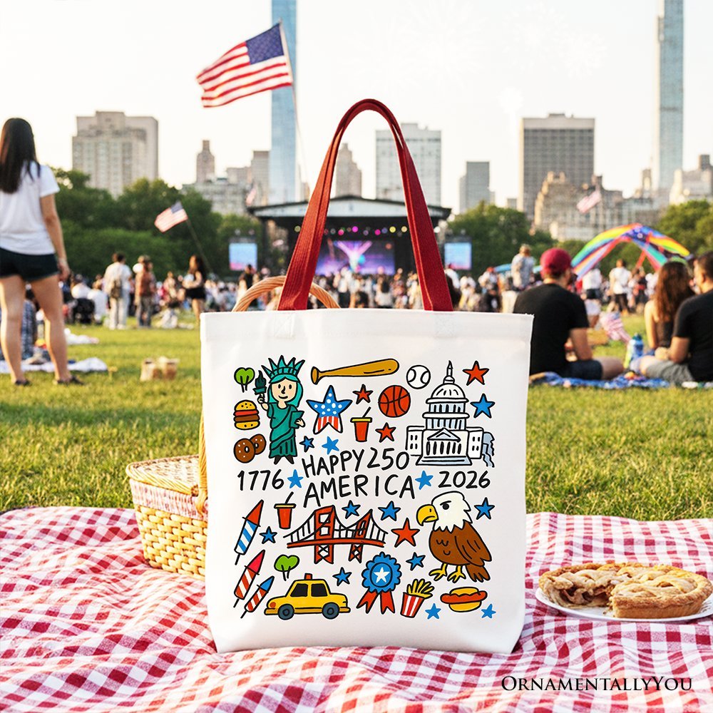 Happy 250 America Doodle Tote Bag, Patriotic USA 1776-2026 250th Anniversary Gift Shopper