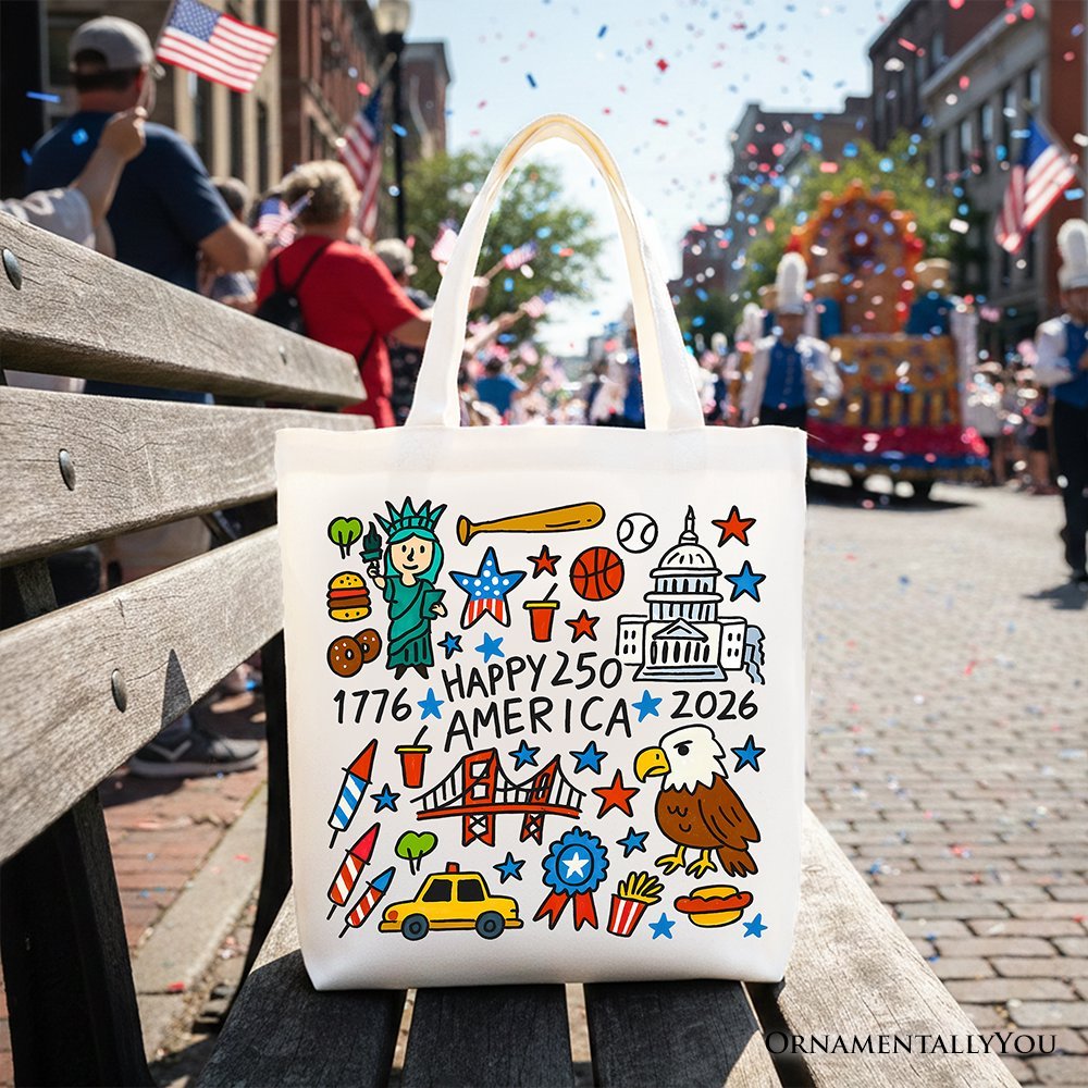 Happy 250 America Doodle Tote Bag, Patriotic USA 1776-2026 250th Anniversary Gift Shopper
