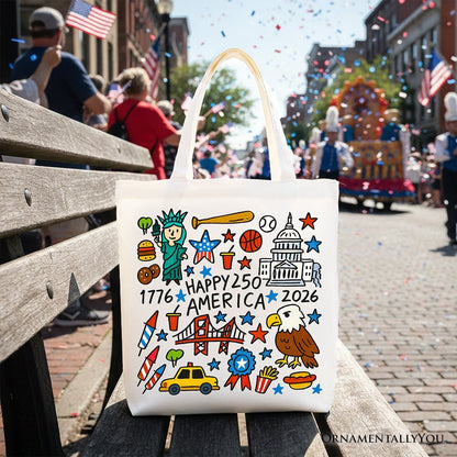 Happy 250 America Doodle Tote Bag, Patriotic USA 1776-2026 250th Anniversary Gift Shopper