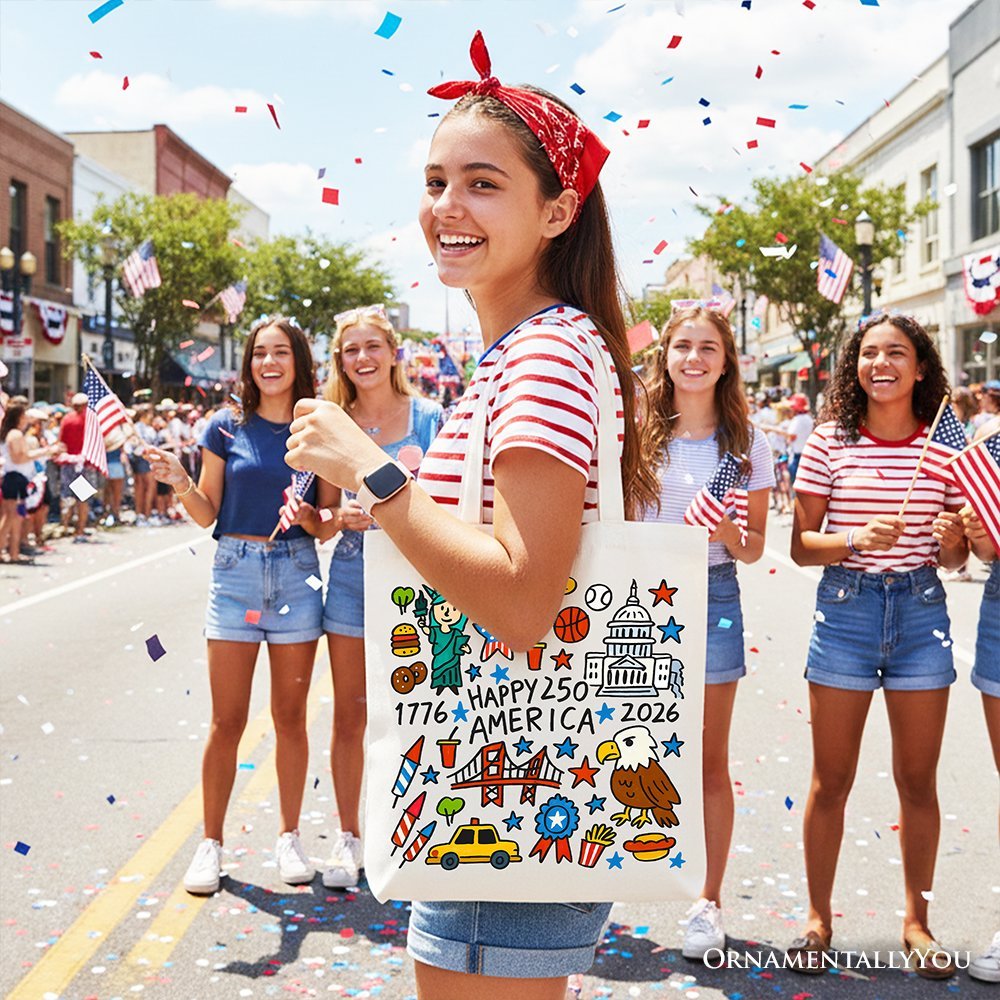 Happy 250 America Doodle Tote Bag, Patriotic USA 1776-2026 250th Anniversary Gift Shopper