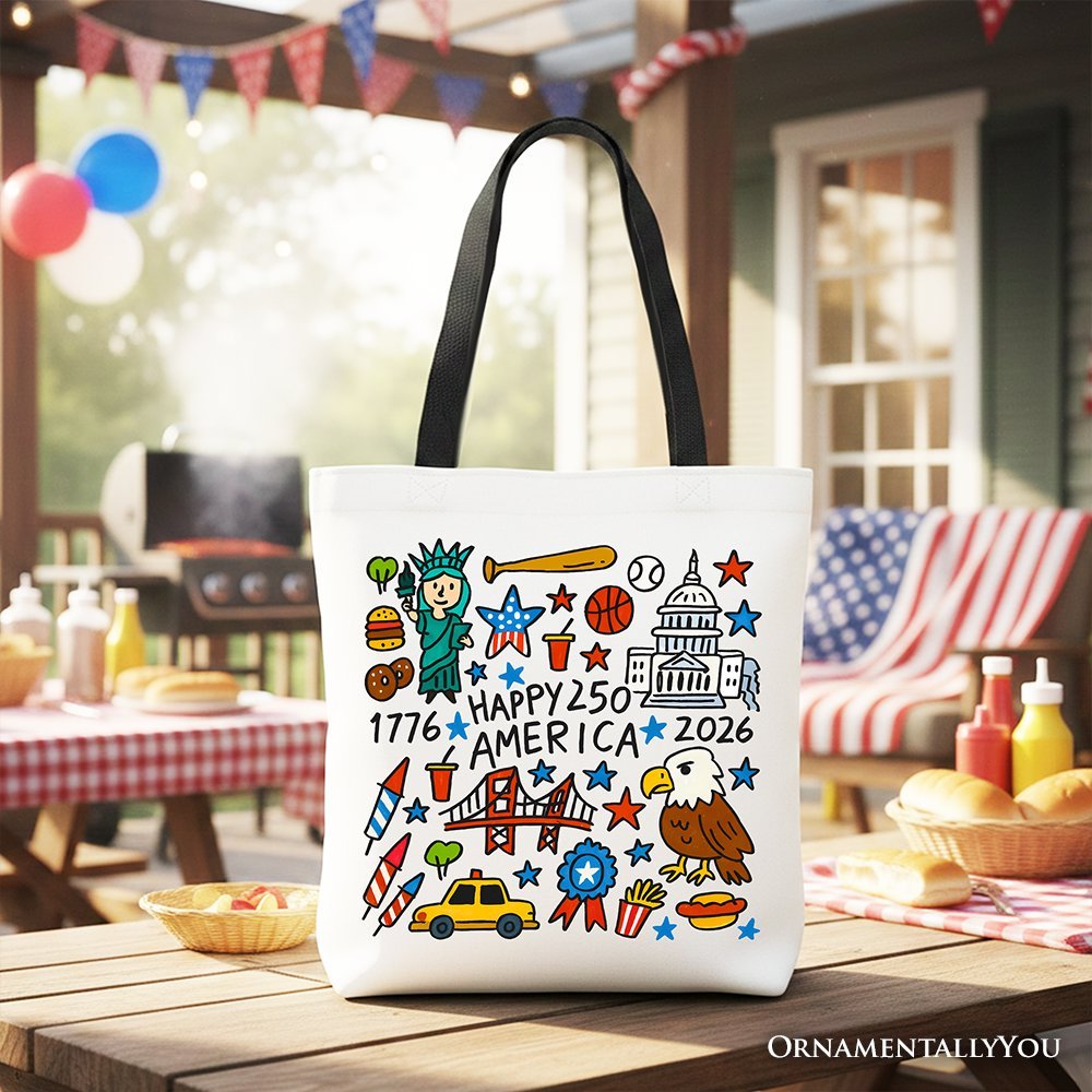 Happy 250 America Doodle Tote Bag, Patriotic USA 1776-2026 250th Anniversary Gift Shopper