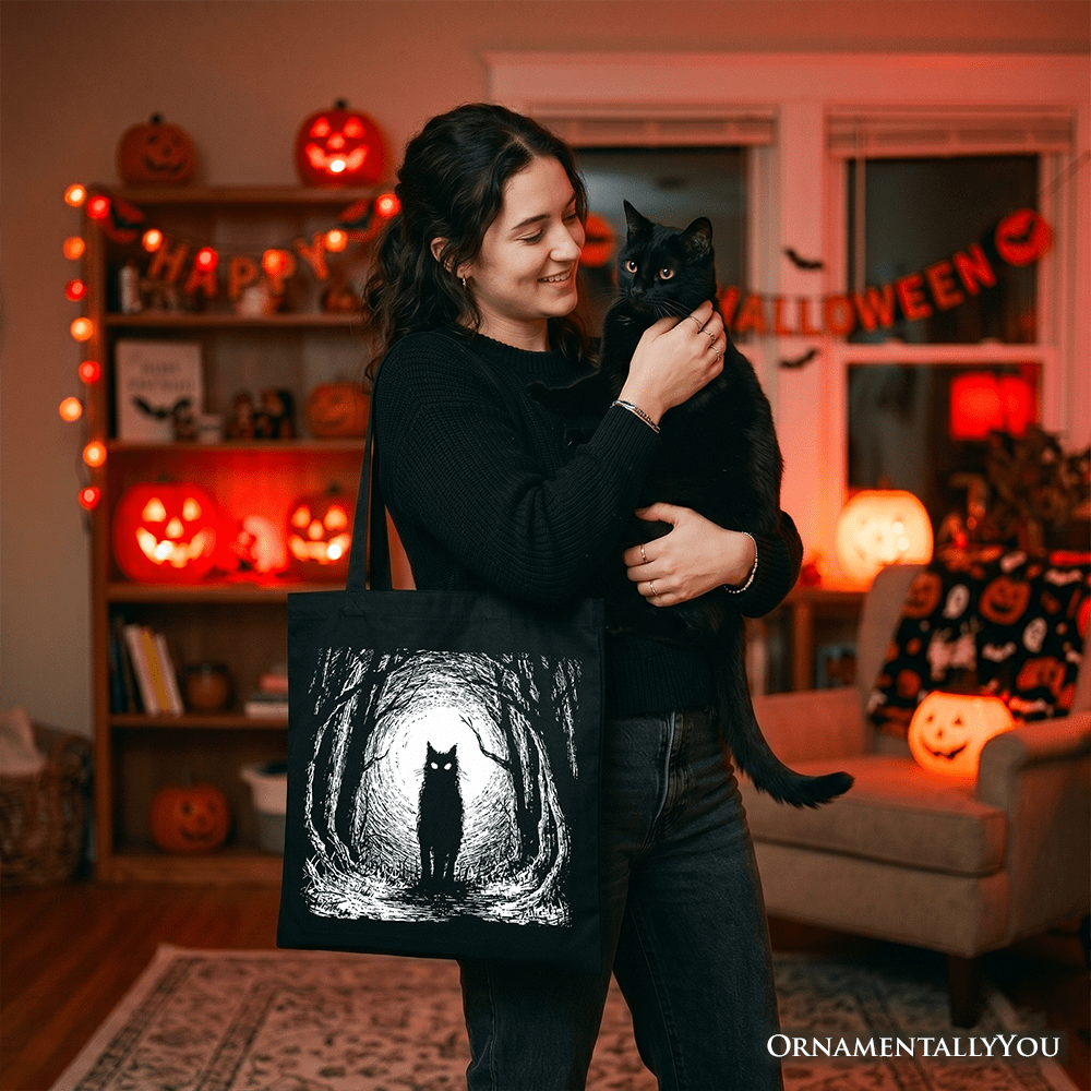 Haunted Forest Black Cat Tote Bag, Spooky Halloween Night Gift Shopper