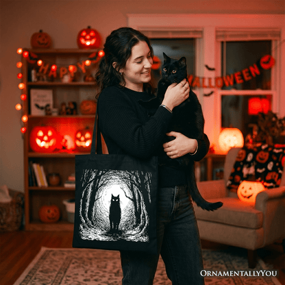 Haunted Forest Black Cat Tote Bag, Spooky Halloween Night Gift Shopper