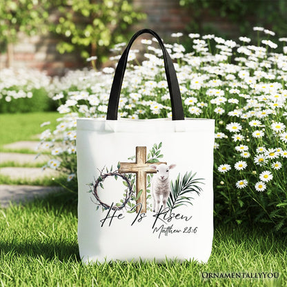 He Is Risen Lamb Cross Christian Easter Tote Bag, Bible Verse Matthew 28:6 Gift Shopper