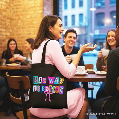 His Way Is Better Christian Canvas Tote Bag, Retro Preppy Coquette Faith Gift Shopper
