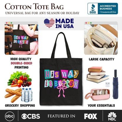 His Way Is Better Christian Canvas Tote Bag, Retro Preppy Coquette Faith Gift Shopper