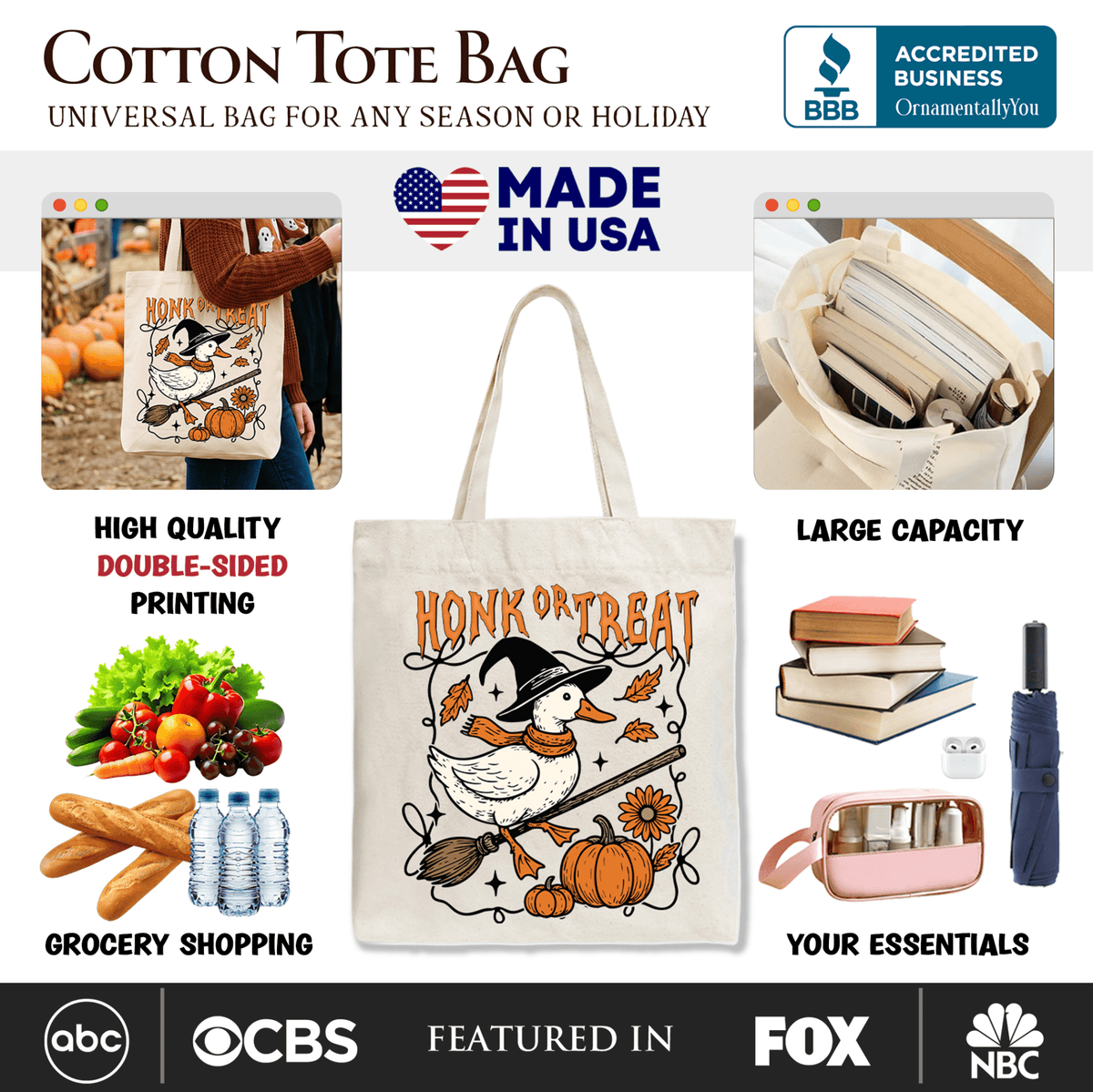 Honk or Treat Goose Tote Bag, Hilarious Halloween Gift Shopper for Silly Bird Enthusiasts