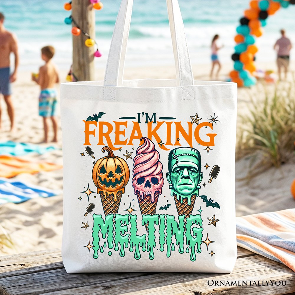 I’m Freaking Melting Frankenstein Tote Bag, Funny Ice Cream Halloween Gift Shopper for Summer Spooky Season - Shaketea