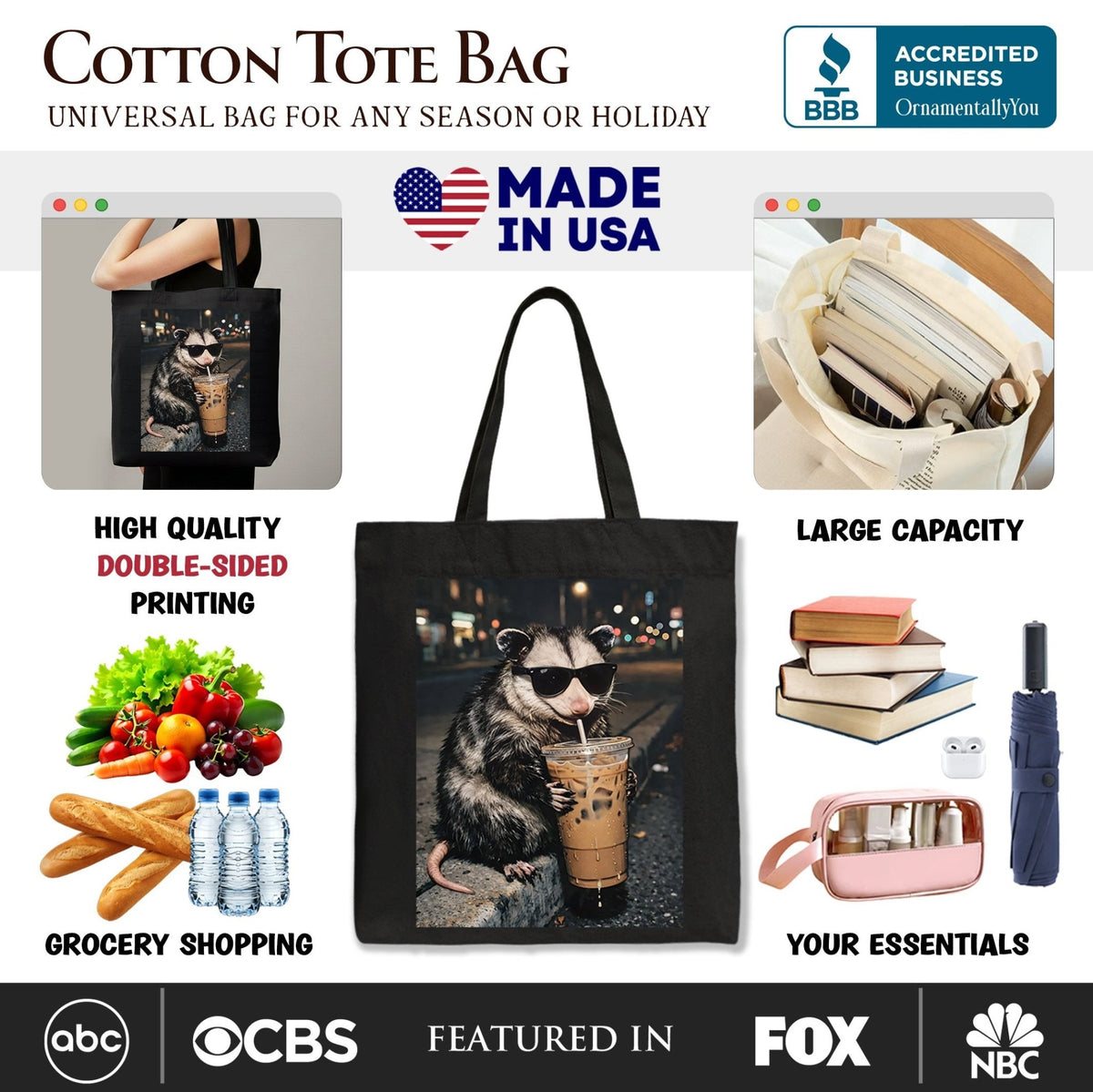 Iced Coffee Opossum Tote Bag, Funny Animal Meme Gift Shopper