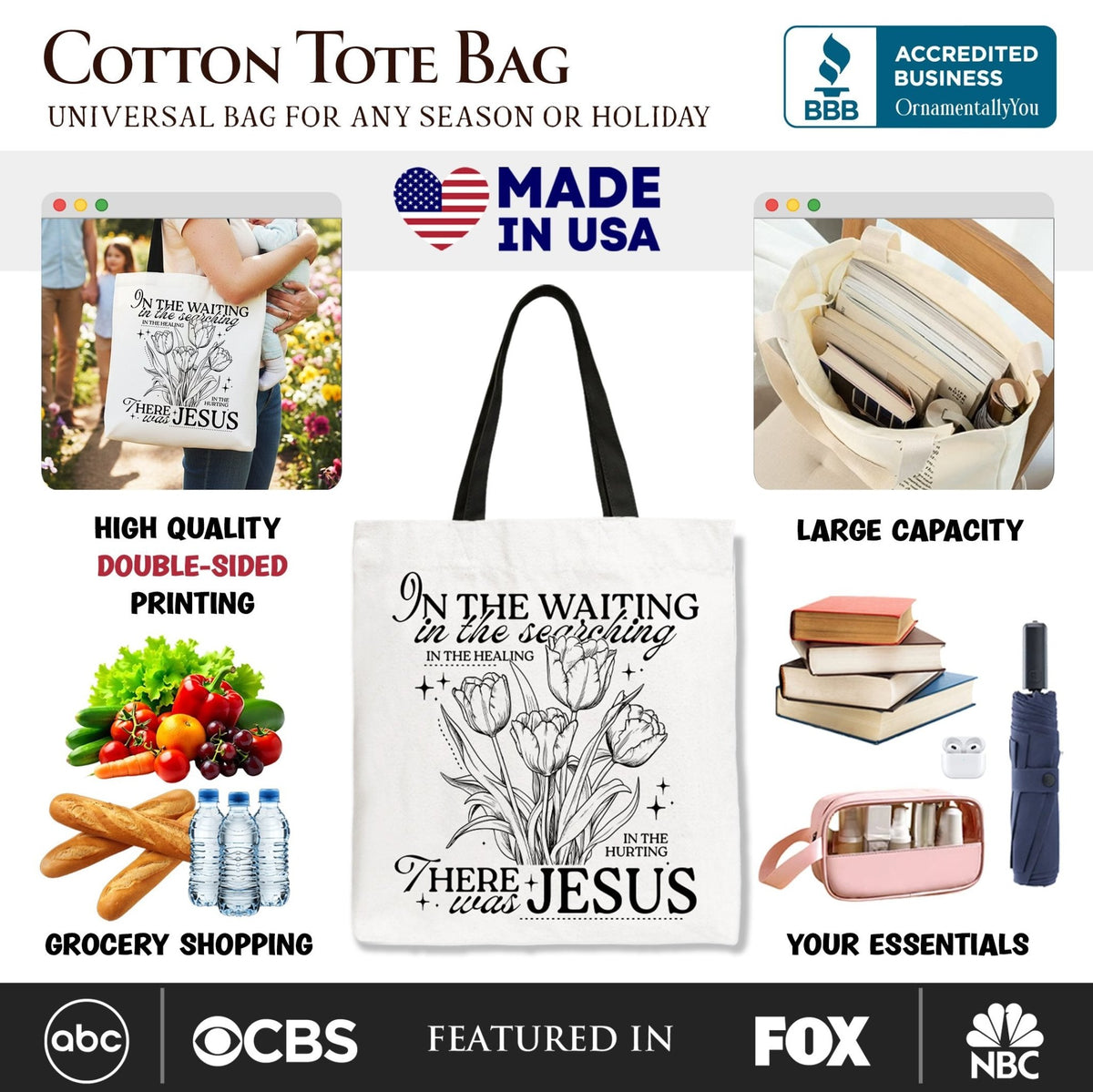 In the Waiting There Was Jesus Tote Bag, Christian Faith Floral Inspirational Gift Shopper