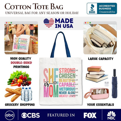 Inspirational Christian Mom Canvas Tote Bag, Affirmation Gift Shopper for Strong and Motivated Mothers