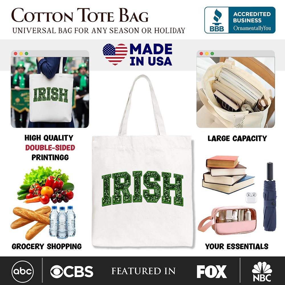 Irish Sequin Imitation Canvas Tote Bag, Festive St Patricks Day Gift Bag